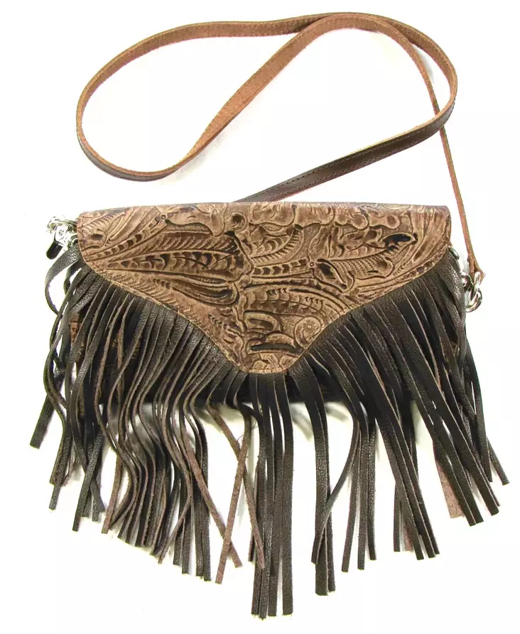 Käsilaukku hapsuilla, ruskea kuvionahka - Laukut - NL740 - 1