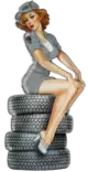 Peltikyltti Pin-Up lady + tyres 19x40cm - Taulut, kehykset - PELT222 - 1