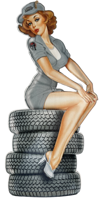 Peltikyltti Pin-Up lady + tyres 19x40cm - Taulut, kehykset - PELT222 - 1