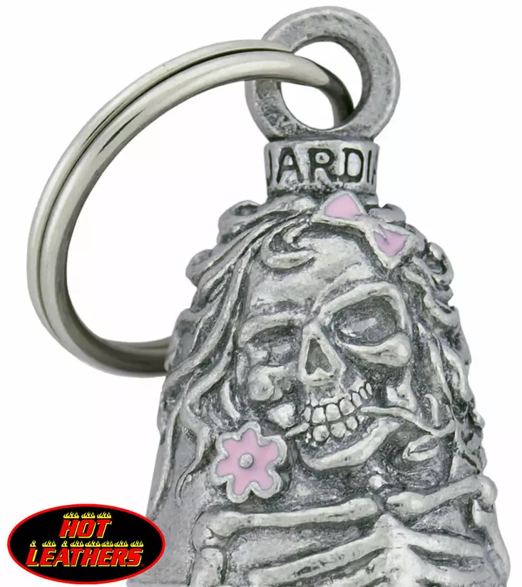 Lady Skull w/Pink Flowers Guardian® Bell -Protects bikers from evil road spirits and demons! A completely lead free bell made of heavy pewter. Comes with a velvet pouch. Made in the USA! - Ajovarusteet - BEA59 - 1